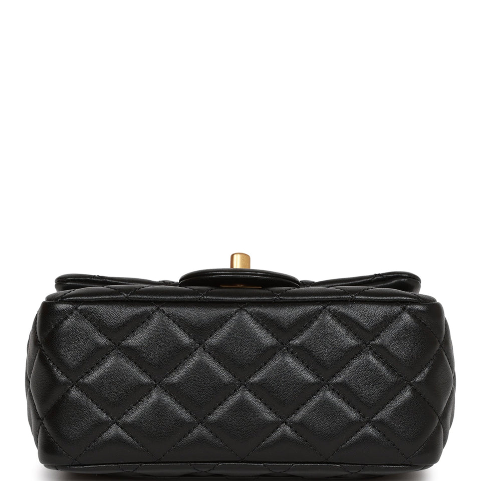 Chanel Pearl Crush Mini Square Flap Bag Black Lambskin Antique Gold Hardware