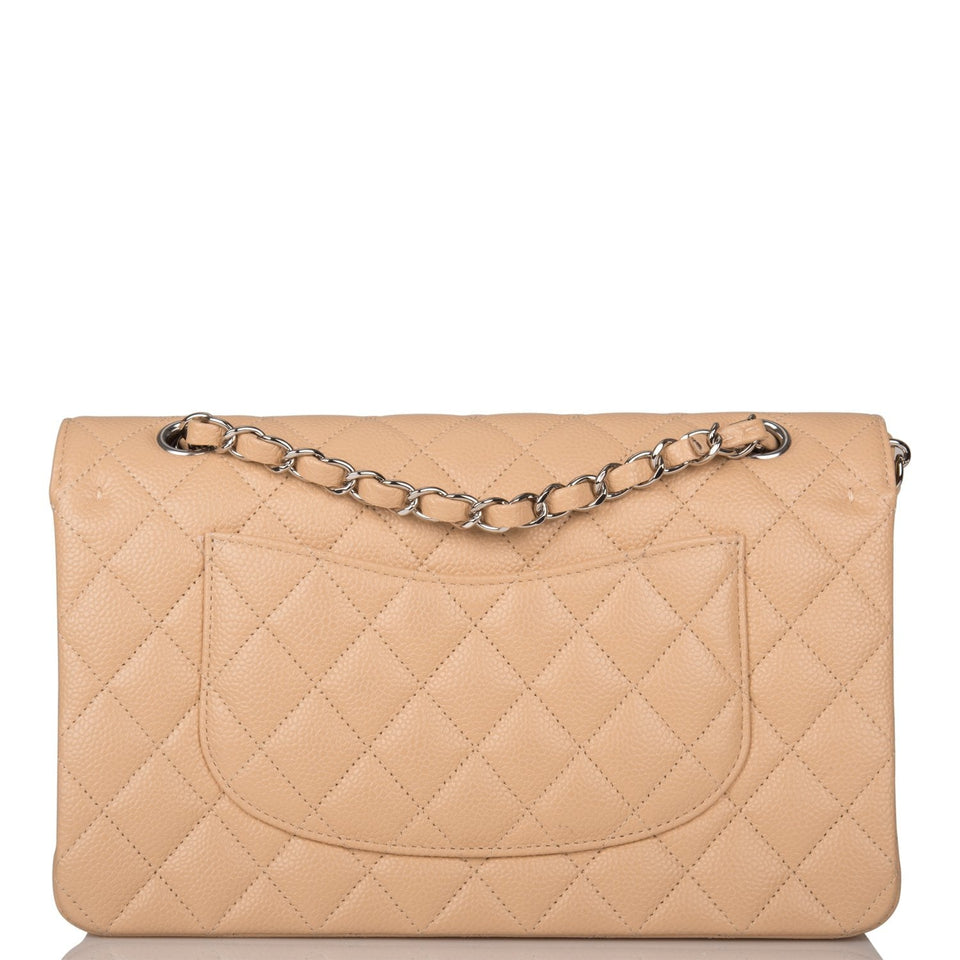 Chanel Medium Classic Double Flap Bag Beige Quilted Caviar Silver Hardware