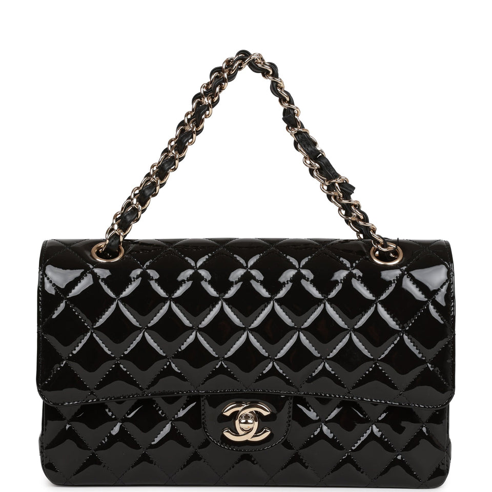 Chanel Medium Classic Double Flap Bag Black Patent Light Gold Hardware