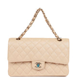 Chanel Medium Classic Double Flap Bag Beige Iridescent Caviar Light Gold Hardware
