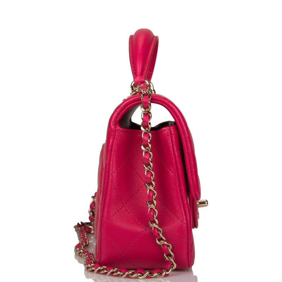 Chanel Mini Rectangular Flap with Top Handle Dark Pink Lambskin Light Gold Hardware