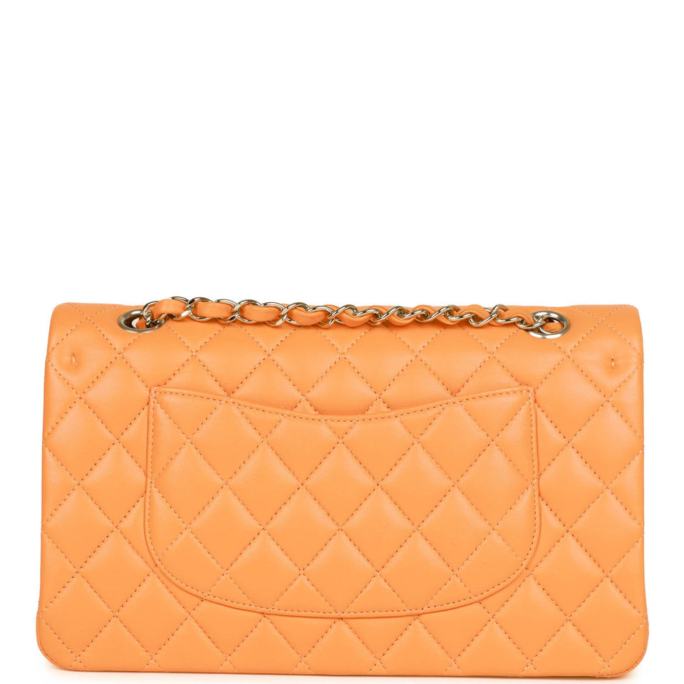 Chanel Medium Classic Double Flap Bag Neon Orange Lambskin Silver Hardware