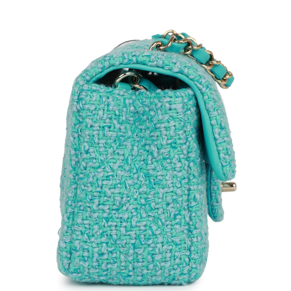 Chanel Mini Rectangular Flap Bag Blue Tweed Light Gold Hardware