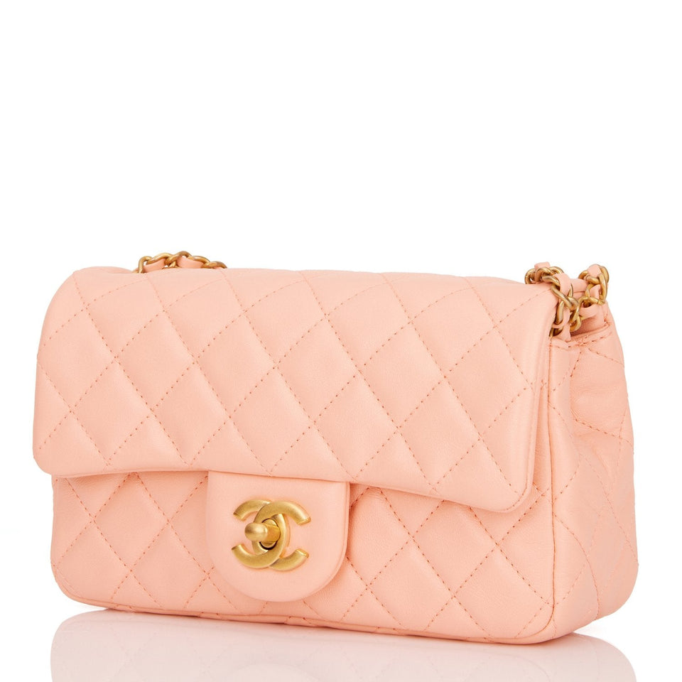 Chanel Pearl Crush Mini Rectangular Flap Bag Peach Lambskin Antique Gold Hardware