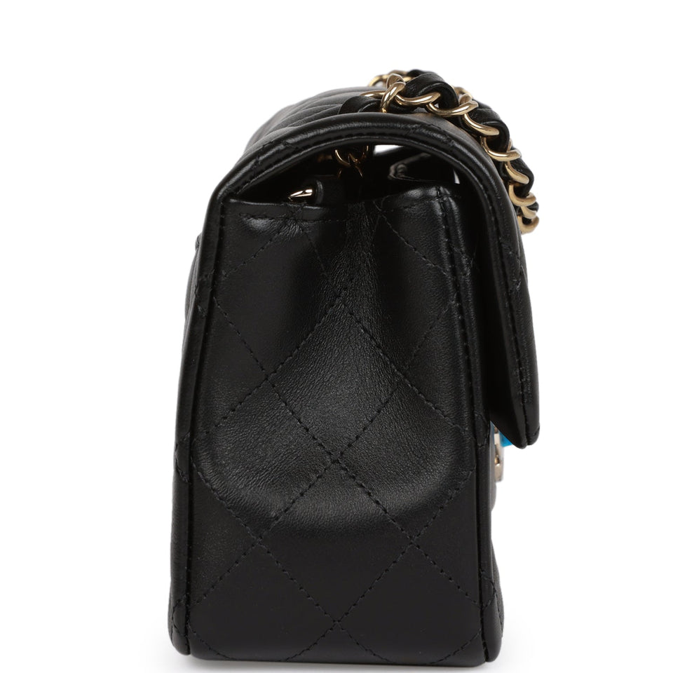 Chanel Mini Rectangular Flap Bag Black Lambskin Light Gold Hardware