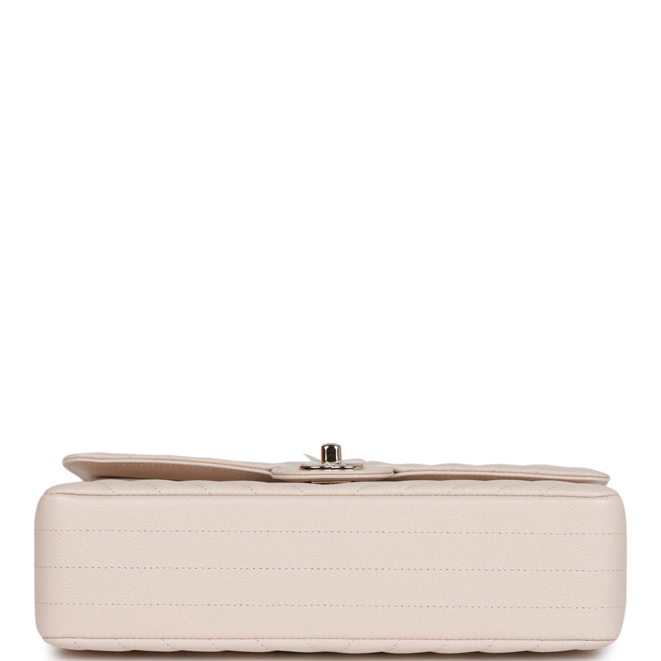 Chanel Medium Classic Double Flap Bag Beige Chevron Caviar Light Gold Hardware