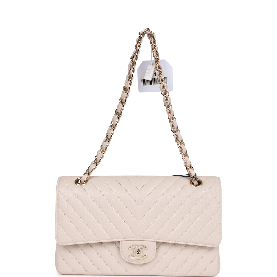 Chanel Medium Classic Double Flap Bag Beige Chevron Caviar Light Gold Hardware