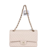 Chanel Medium Classic Double Flap Bag Beige Chevron Caviar Light Gold Hardware