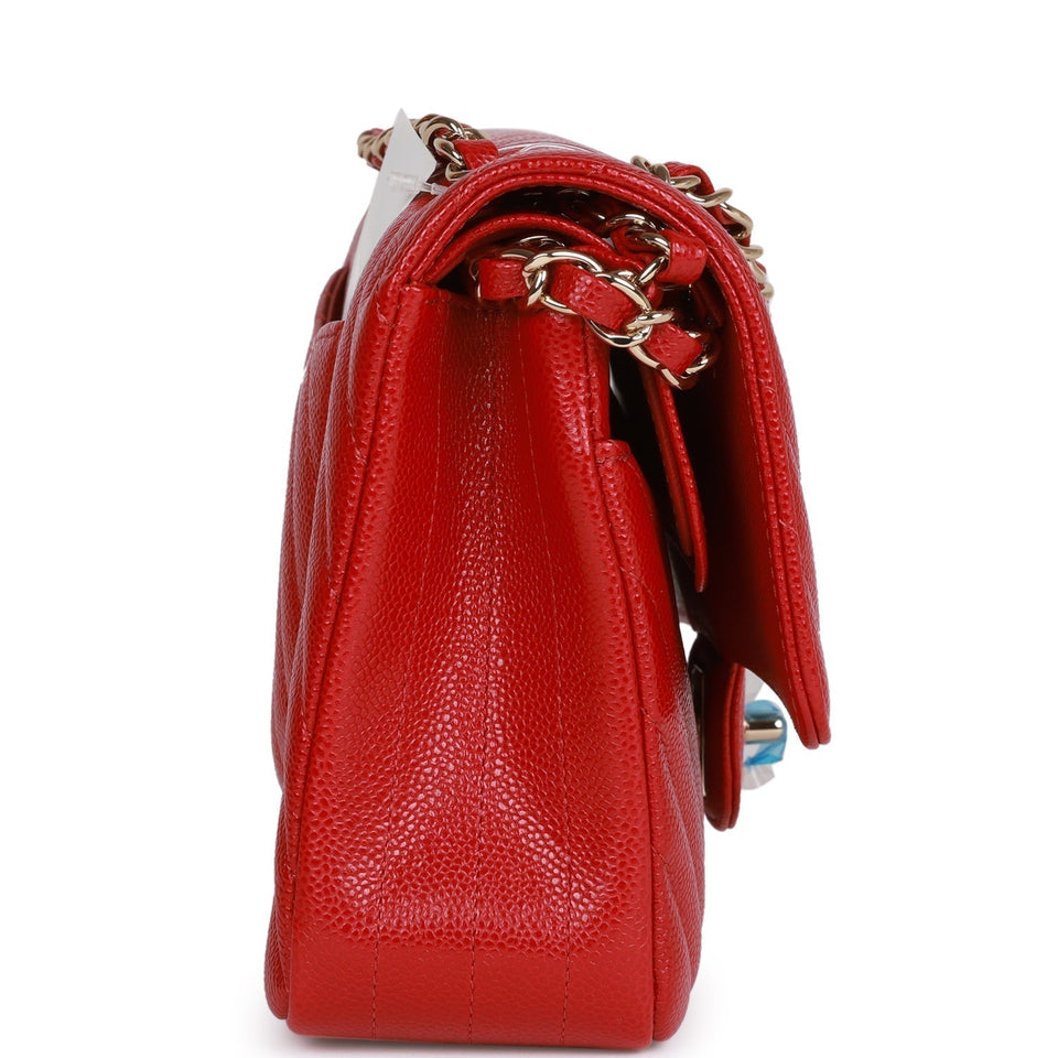Chanel Medium Classic Double Flap Bag Red Chevron Caviar Light Gold Hardware