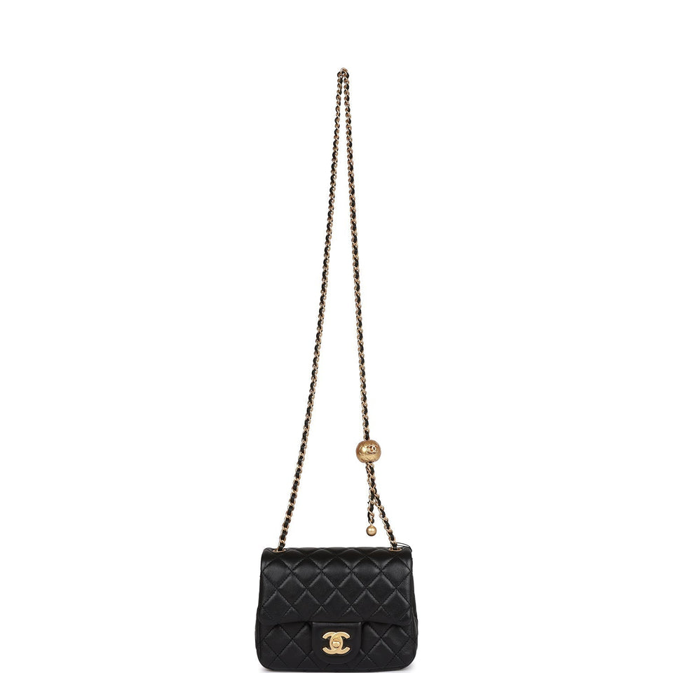 Chanel Pearl Crush Mini Square Flap Bag Black Lambskin Antique Gold Hardware
