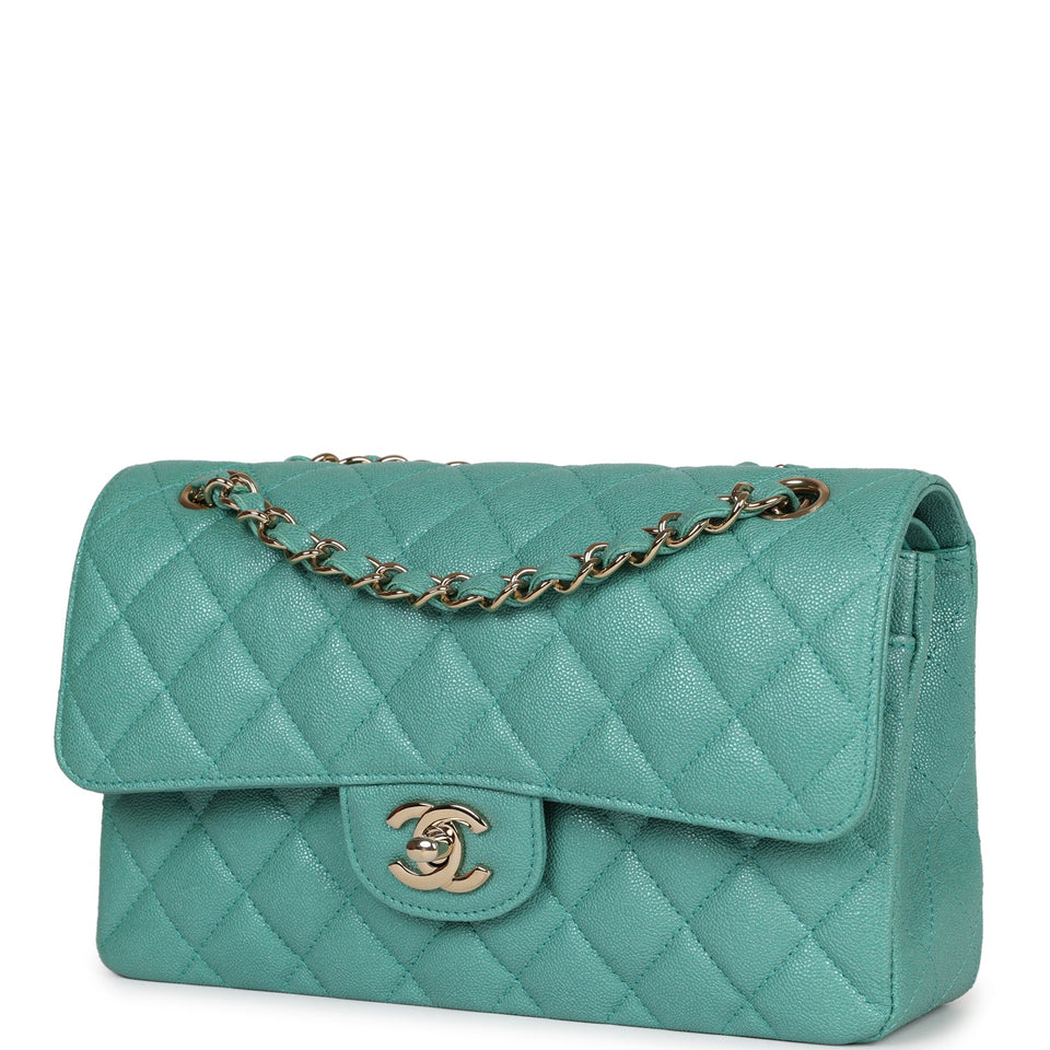 Chanel bag Small Classic Double Flap Turquoise Iridescent Caviar Light Gold Hardware