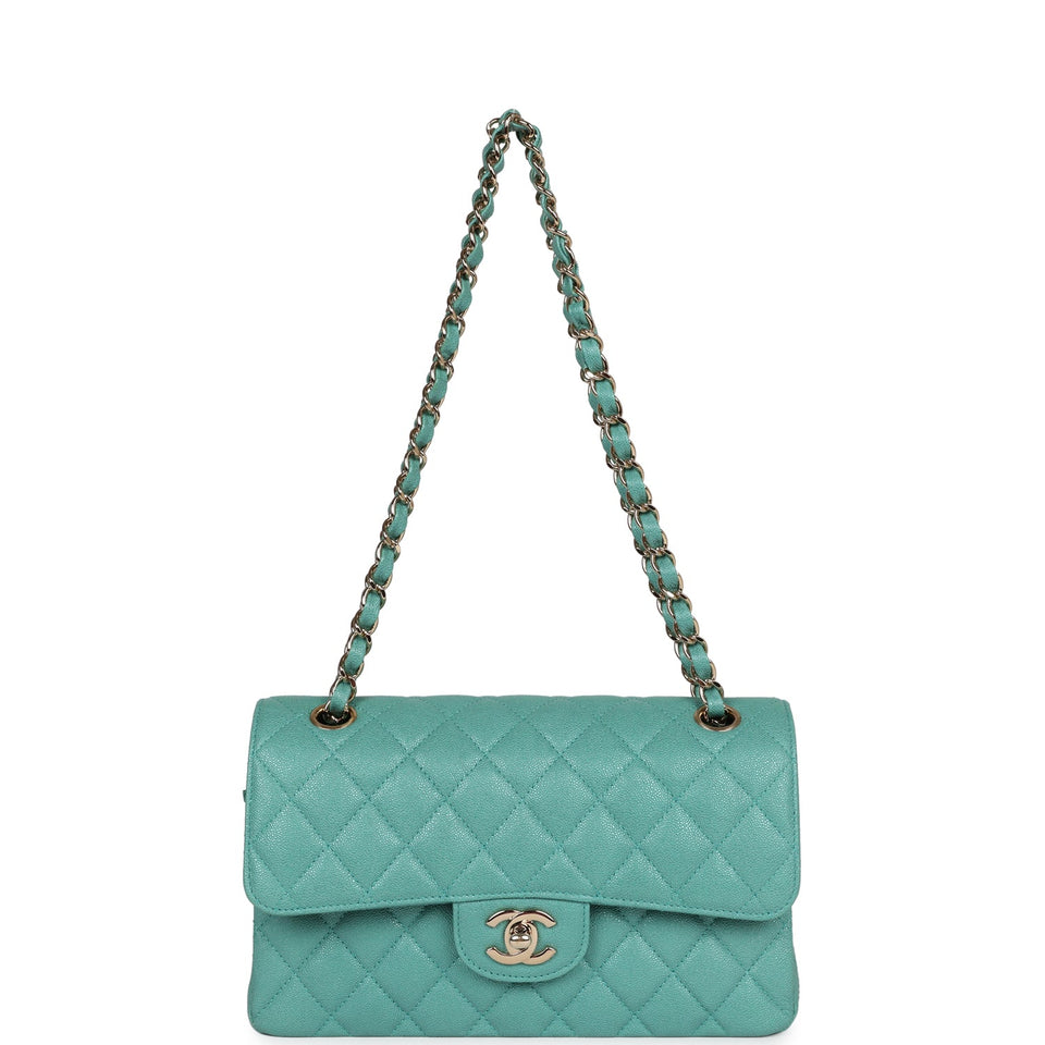 Chanel bag Small Classic Double Flap Turquoise Iridescent Caviar Light Gold Hardware