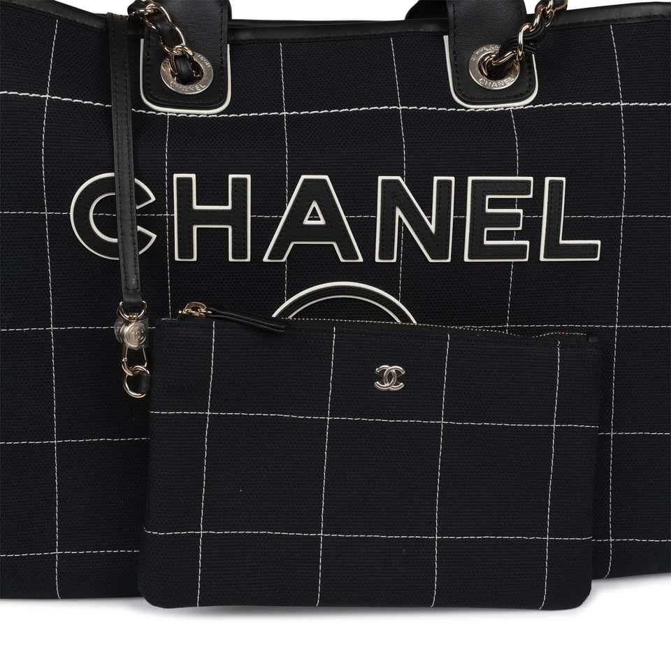 Chanel Large Deauville Shopping Bag Black and White Grid Light Gold Hardware