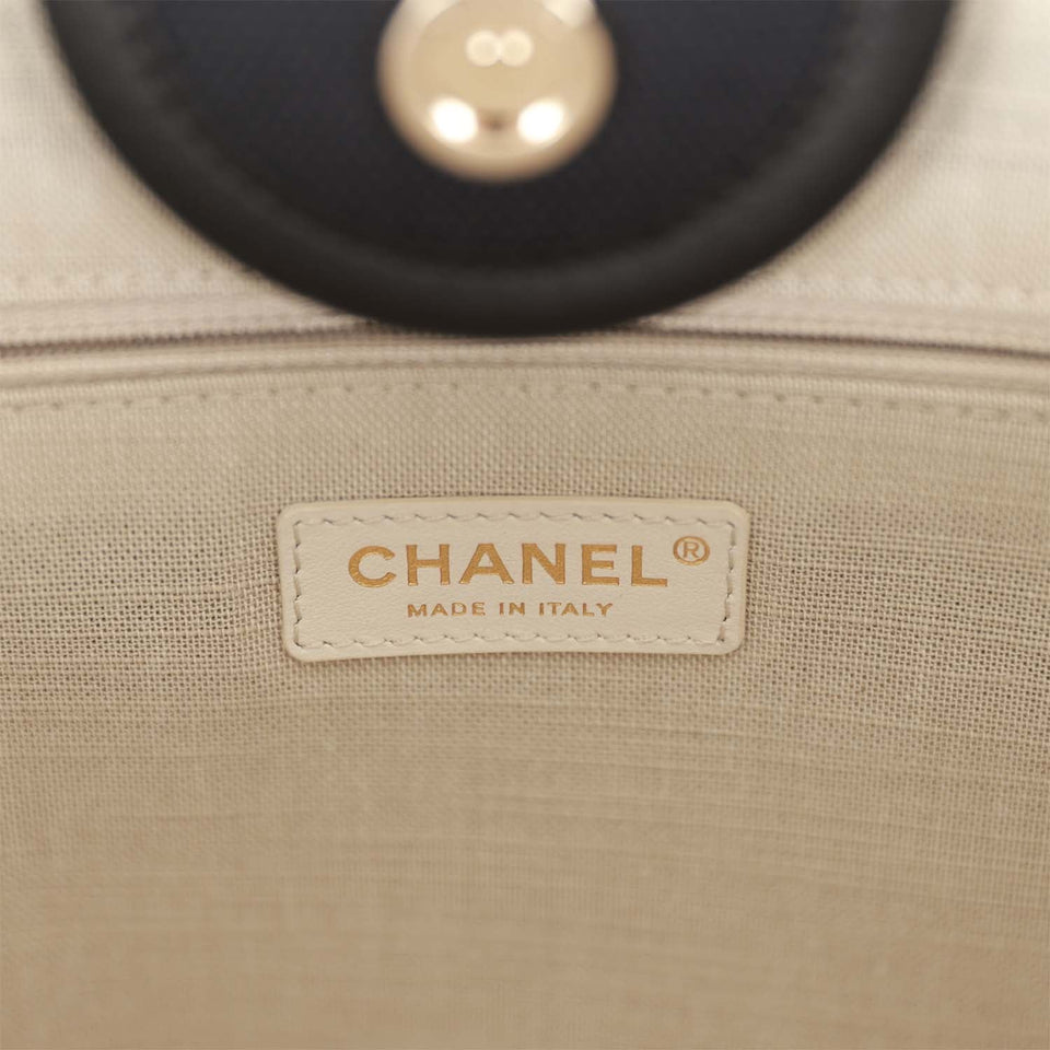 Chanel Large Deauville Shopping Bag Black and White Grid Light Gold Hardware