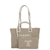 Chanel Small Deauville Shopping Bag White and Beige Boucle Light Gold Hardware
