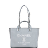 Chanel Small Deauville Shopping Bag Blue Boucle Silver Hardware