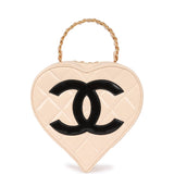 Vintage Chanel Heart Vanity Bag Beige and Black Patent Antique Gold Hardware