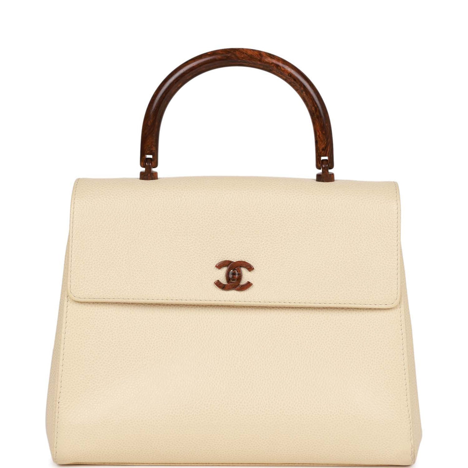 Vintage Chanel Wood Top Handle Kelly Ivory Caviar