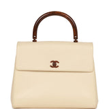Vintage Chanel Wood Top Handle Kelly Ivory Caviar