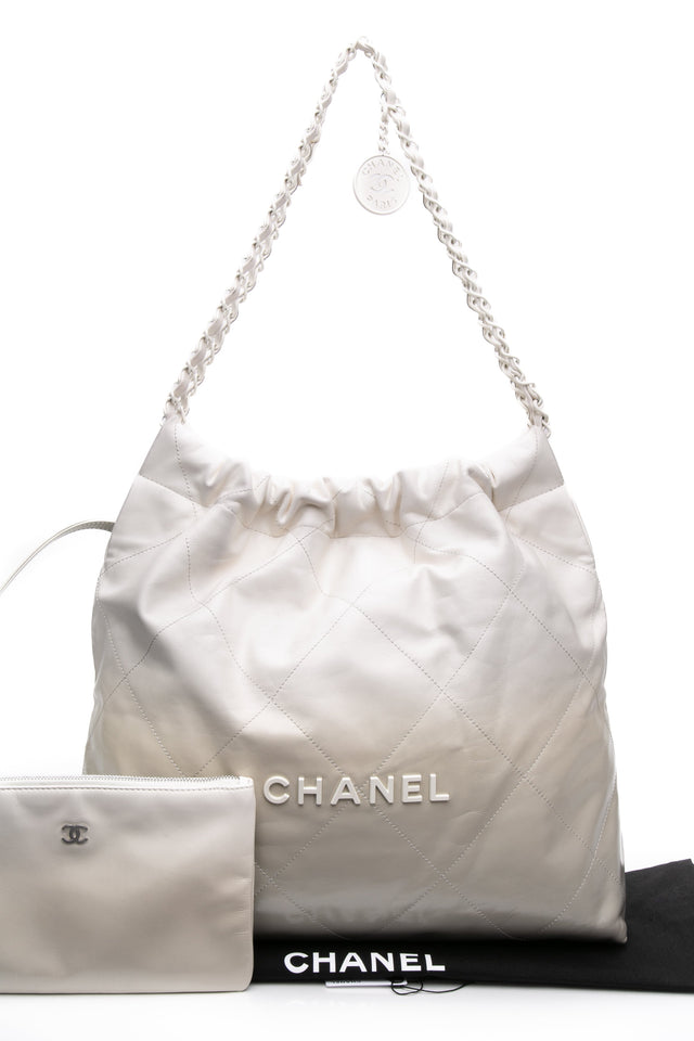 CHANEL 22 White Light Grey Calfskin Quilted Hobo Bag