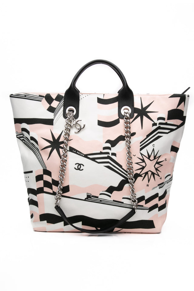 CHANEL Black, Pink, & White Canvas La Pausa Shopping Tote Bag