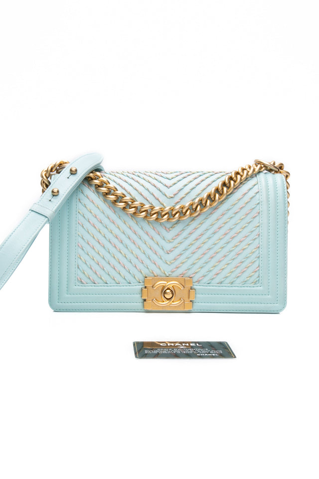 CHANEL Light Blue Calfskin Chevron Embroidered Medium Boy By The Sea Flap Bag