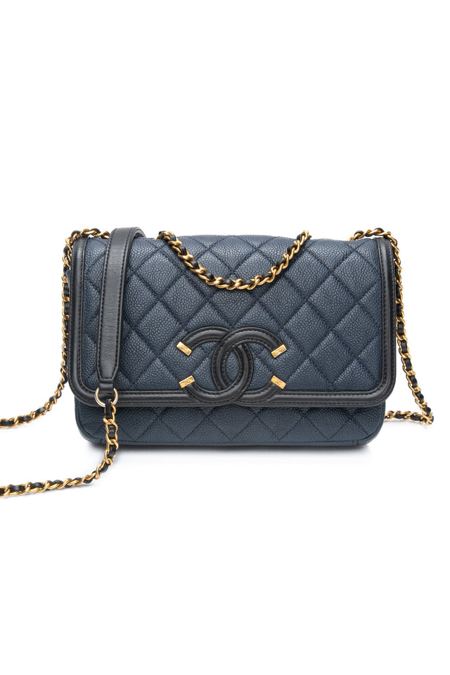 CHANEL Navy & Black Caviar Quilted Small CC Filigree Flap