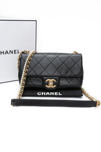 CHANEL Small Black Crystal Pearls Chain Lambskin Quilted Flap Bag