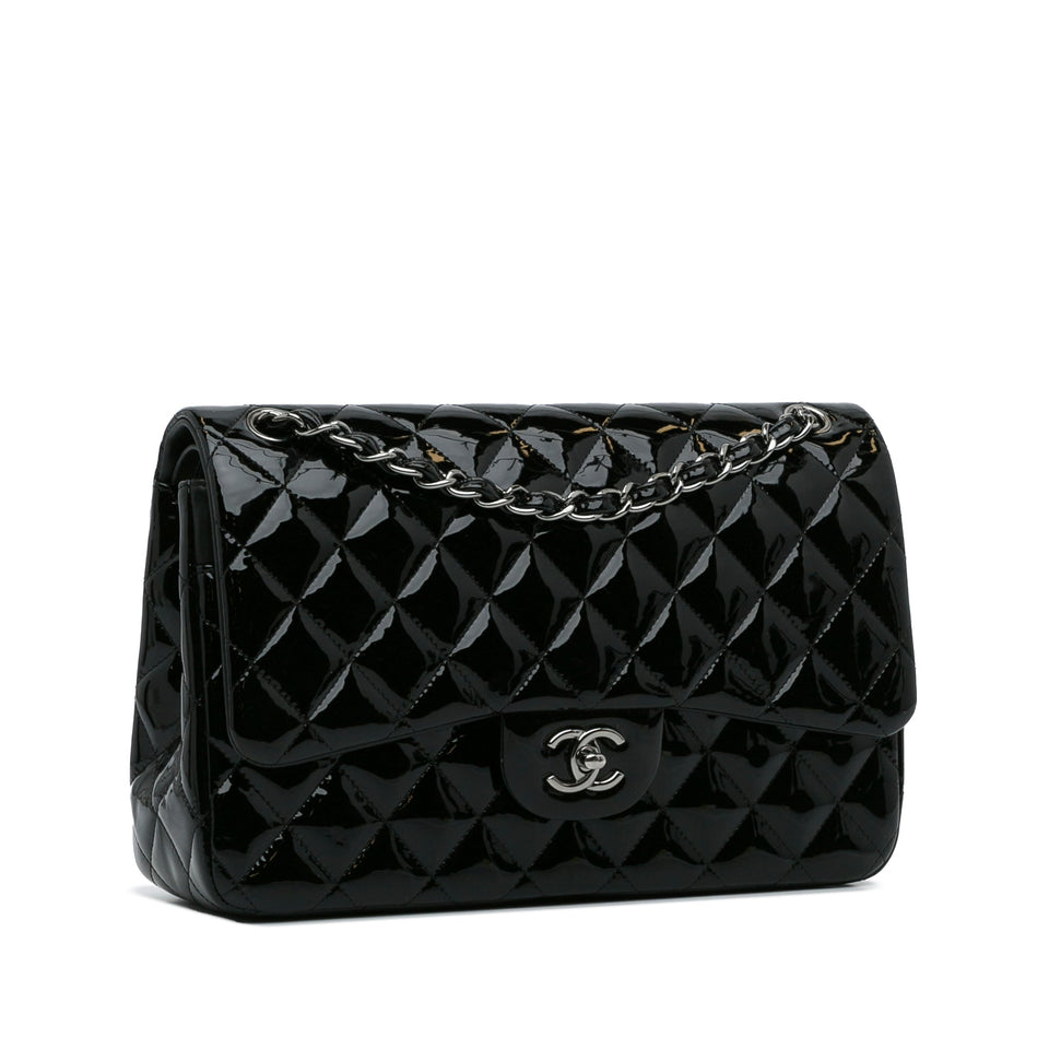 Chanel Classic Double Flap Jumbo Black Patent Leather Silver