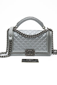 Chanel Silver Metallic Calfskin Quilted Medium Top Handle Boy Flap