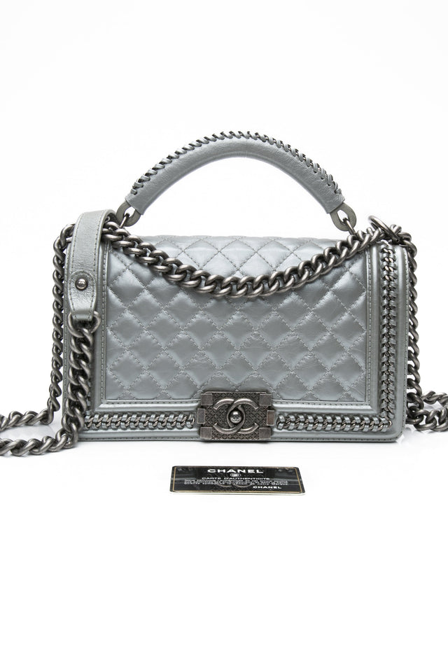 Chanel Silver Metallic Calfskin Quilted Medium Top Handle Boy Flap