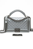 Chanel Silver Metallic Calfskin Quilted Medium Top Handle Boy Flap