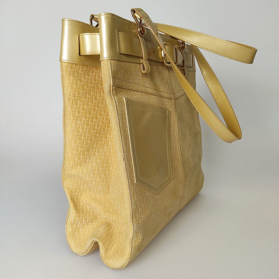 DIOR Christian shoulder tote bag in golden monogram suede