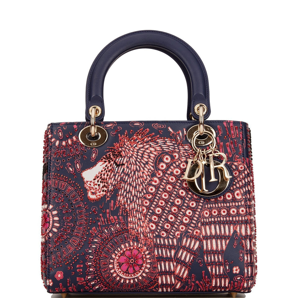 Christian Dior Medium Lady Dior Tote Navy Beaded Leather Gold Hardware