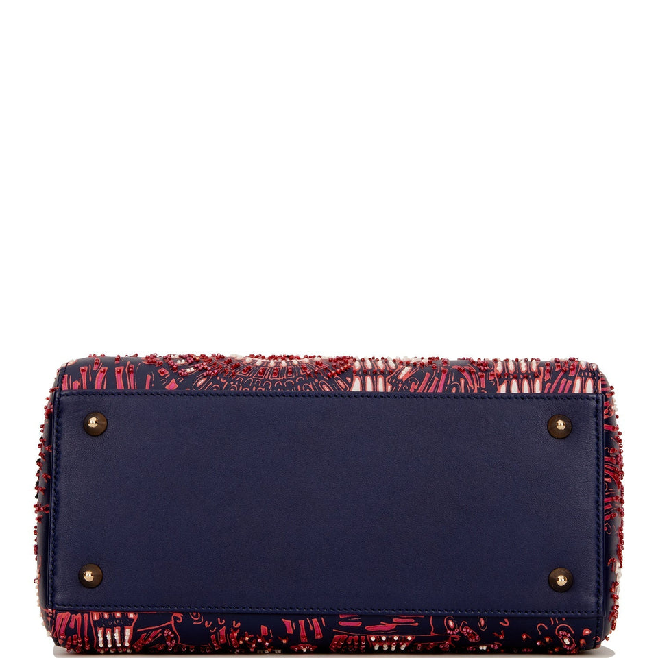 Christian Dior Medium Lady Dior Tote Navy Beaded Leather Gold Hardware