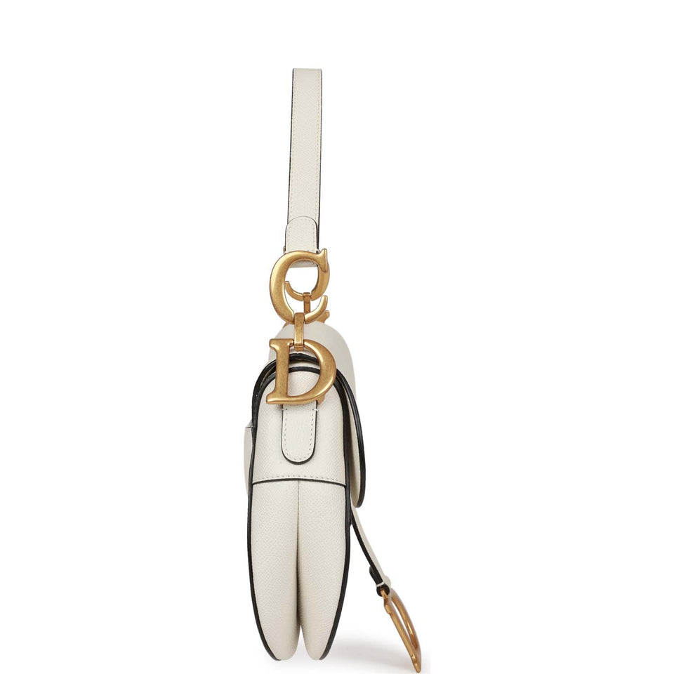 Christian Dior Saddle Bag White Grained Calfskin Gold Hardware
