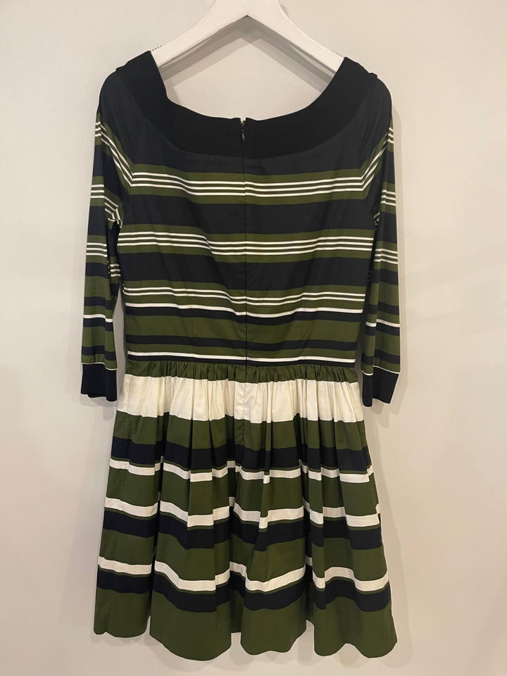 Prada Khaki, Navy & White Striped Mid-Sleeve Off-Shoulder Dress Size IT 40 (UK 8)