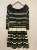 Prada Khaki, Navy & White Striped Mid-Sleeve Off-Shoulder Dress Size IT 40 (UK 8)