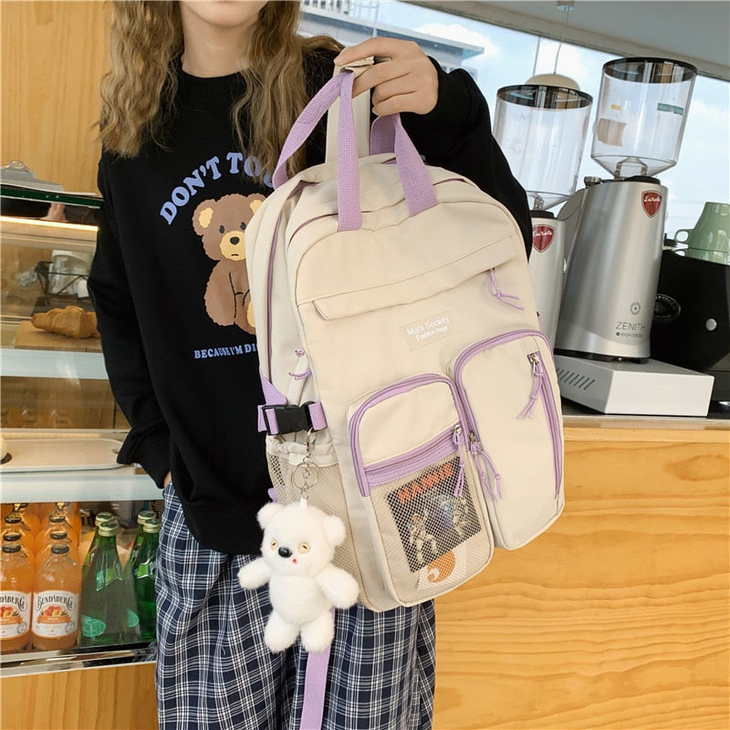 Large Capacity Double-deck Waterproof Nylon Women Backpack Multi-pocket Ring Buckle Portable College Girl's Schoolbag New