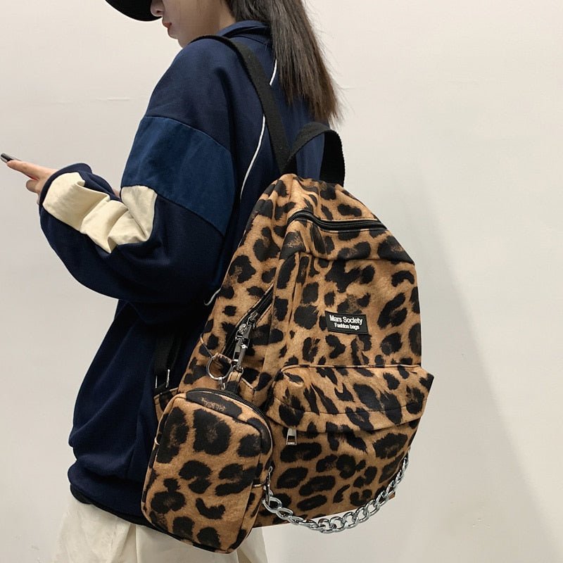 New Leopard Print Women Backpack Female Velvet Schoolbags for Students Fashion Chain Travel Bag College Girls Backpack