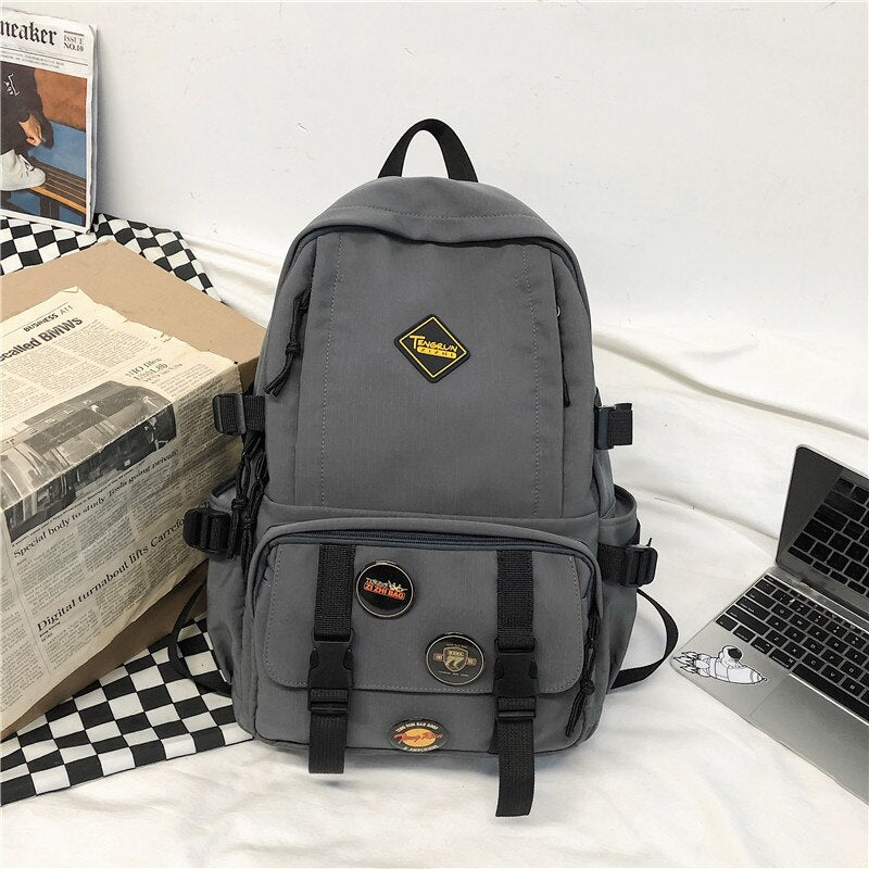 New Multi-pocket Nylon Backpack Unisex Solid Color Button Travel Bag Large Capacity Students Schoolbag Laptop backpacks