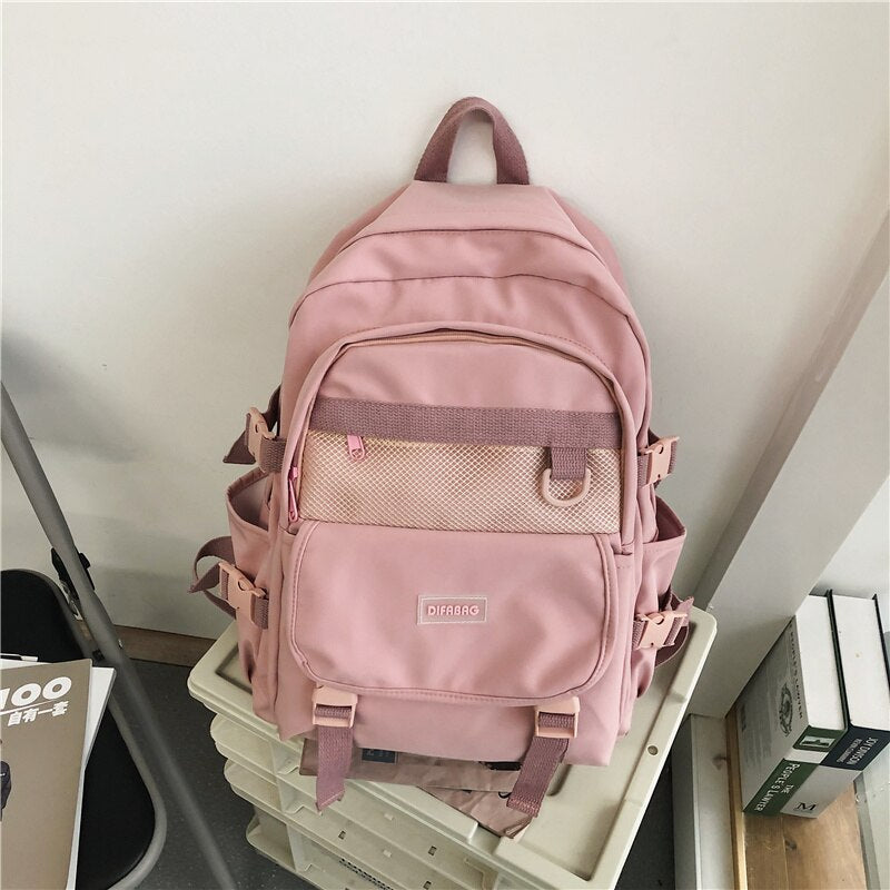 New Waterproof Nylon Women Backpack College Girls Zipper Mesh Bags Schoolbag Female Large Capacity Insert Buckle Backpack