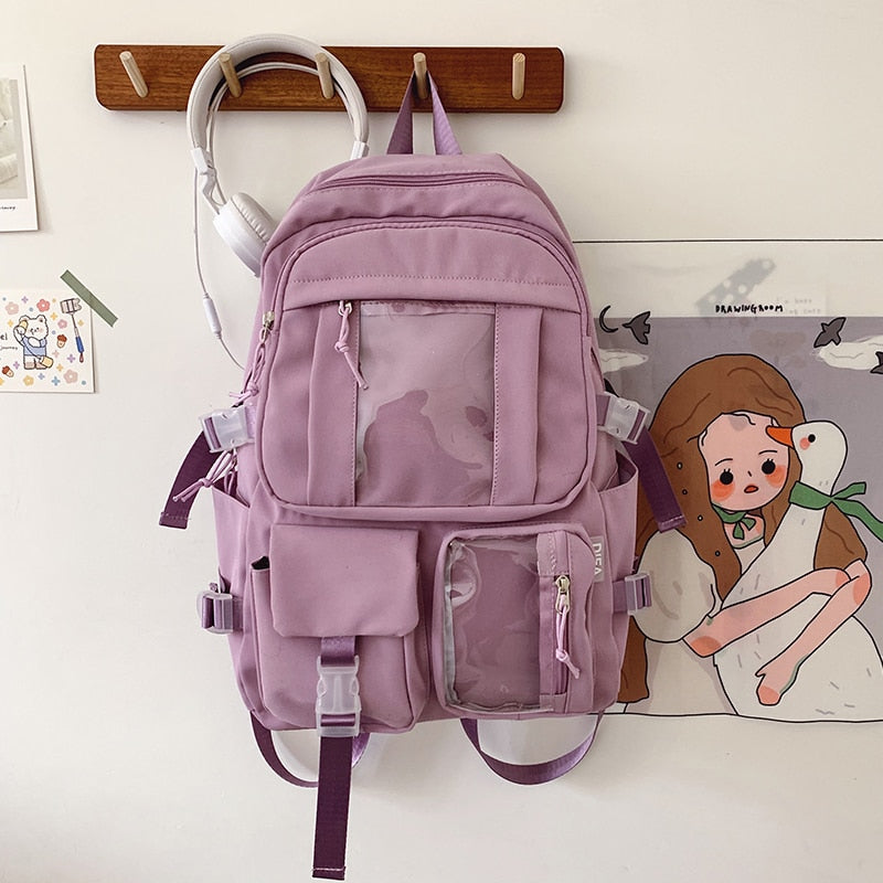 New Waterproof Nylon Women Backpack Female Multi-pocket Insert Buckle Travel Bag Transparent Pocket Solid Color Schoolbag