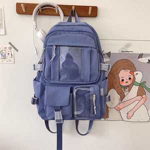 New Waterproof Nylon Women Backpack Female Multi-pocket Insert Buckle Travel Bag Transparent Pocket Solid Color Schoolbag