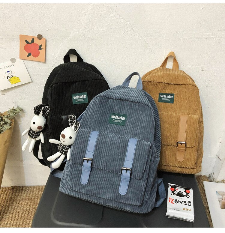 Corduroy Schoolbag Women's Backpack Winter Female Rucksack Small Book Back Bags Striped Shoulder Bags