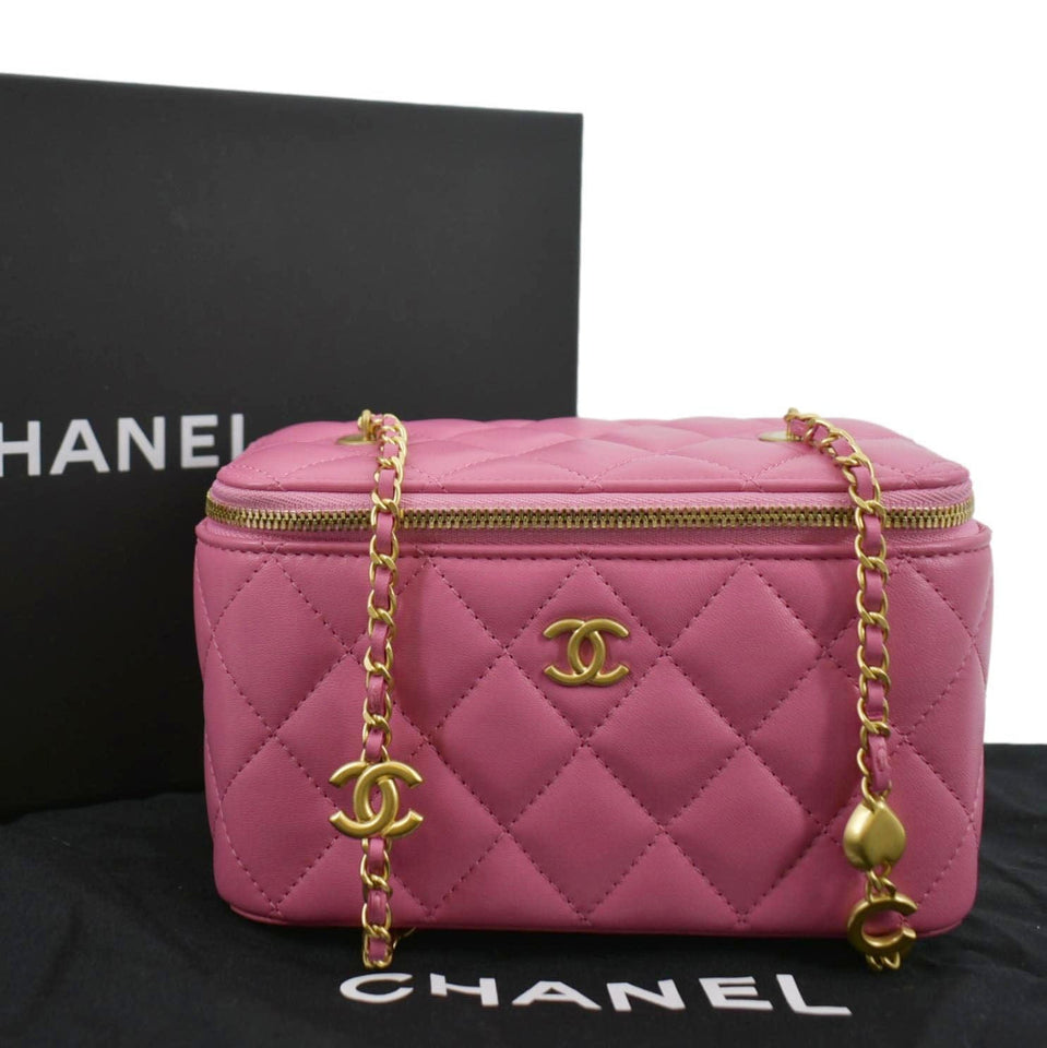 CHANEL Enamel Coco Hearts Small Quilted Leather Crossbody Vanity Case Pink