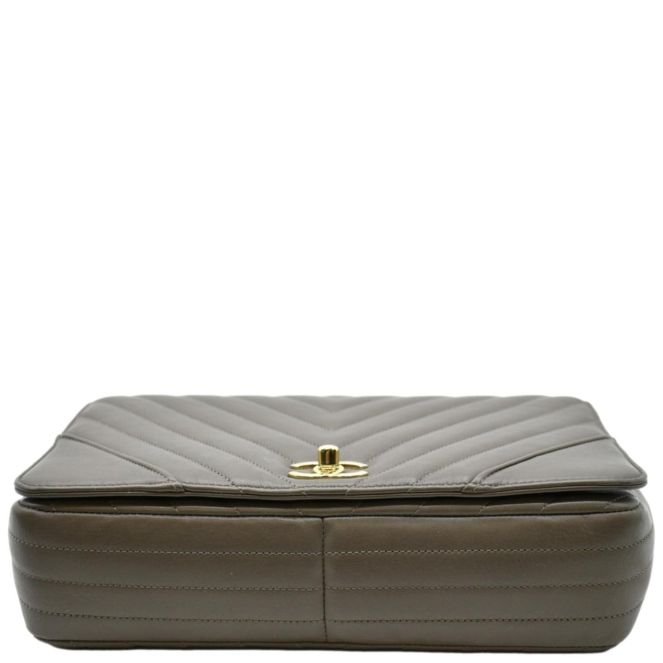 CHANEL Statement Medium Flap Quilted Chevron Crossbody Bag Khaki