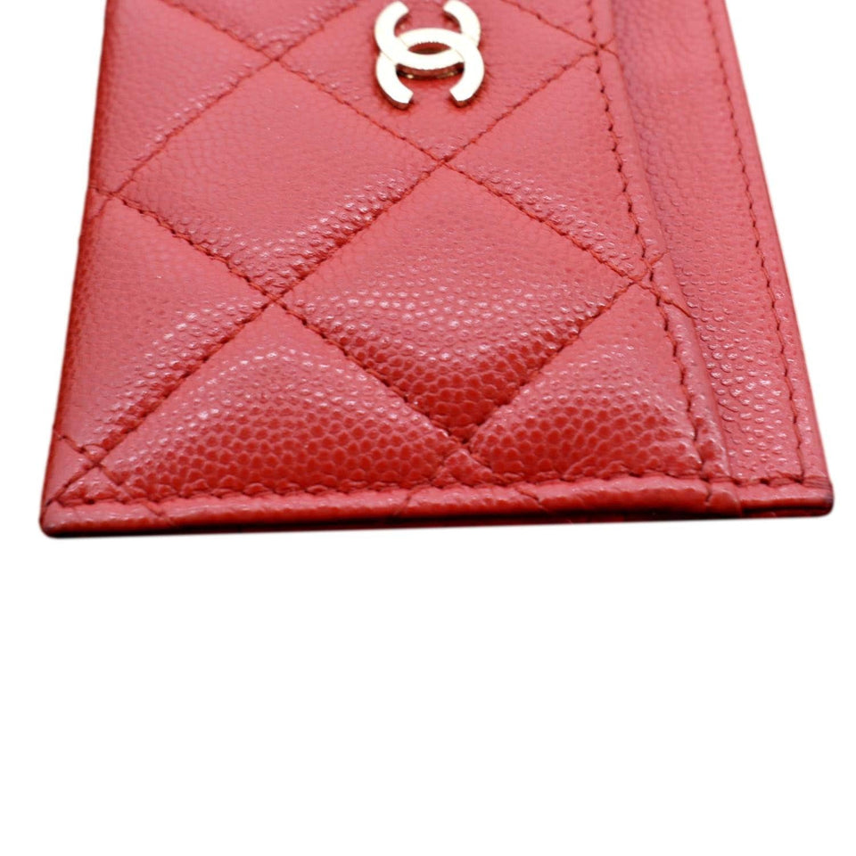 CHANEL CC Card Holder Quilted Caviar Leather Wallet Red