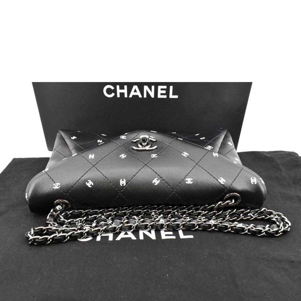 CHANEL CC Envelope Printed Lambskin Leather Chain Clutch Bag Black