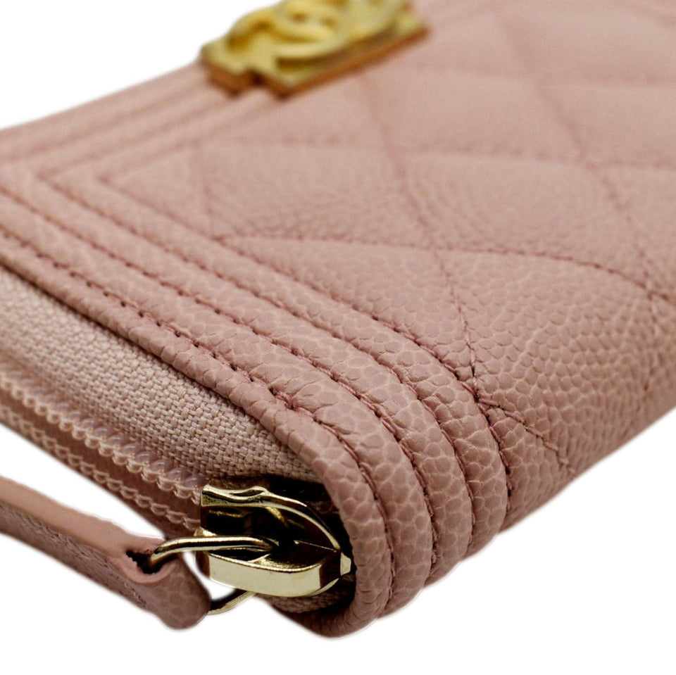 CHANEL Small Boy Caviar Leather Zip Around Wallet Pink